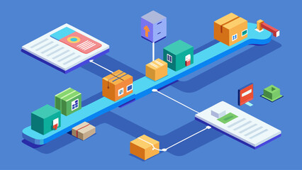 Obraz premium A blue and white image of a conveyor belt with boxes on it. The boxes are of different colors and sizes. Concept of a busy and efficient shipping process