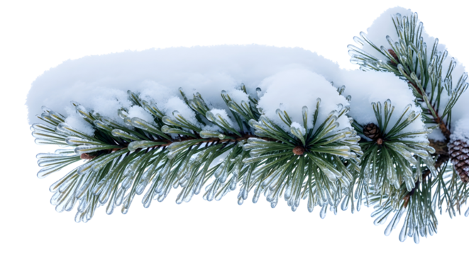 Close-up of a snow-covered pine branch with icicles, highlighting the textures and colors of winter