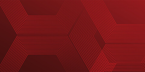 Abstract dark red gradient background and red light hexagon lines. Geometric lines design.