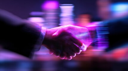 Two business professionals shaking hands in a blurred urban setting, symbolizing partnership and collaboration
