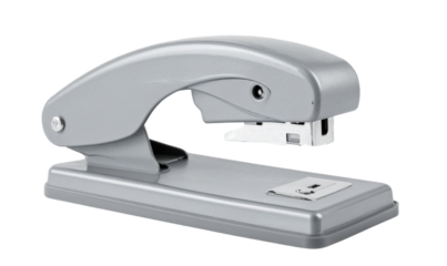 Transparent Background, PNG Modern Ergonomic Gray Hole Punch with Curved Handle, Angled Perspective