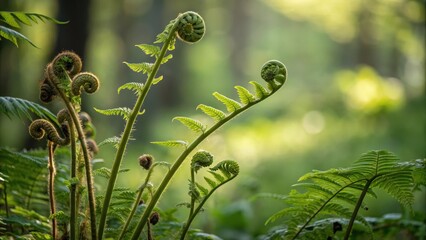 Delicate unfurling fern fronds displaying new green growth