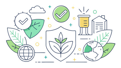 A green leafy plant is protected by a shield, which is also green. The shield is positioned around the plant, creating a sense of security and protection. In the background, there is a blue globe