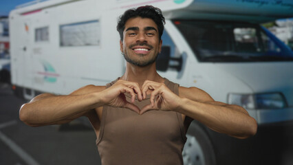 Man wearing brown tank top forming heart shape with hands by white camper van on sunlit street;...