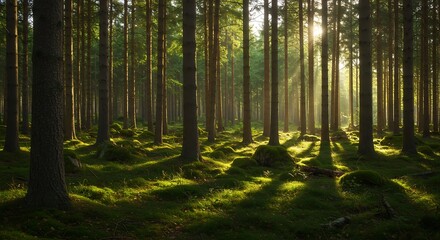 Obraz premium Sunlight streams through forest trees creating a tranquil woodland scene