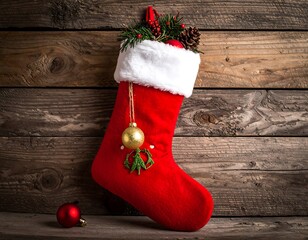 Red Christmas stocking on rustic wooden wall