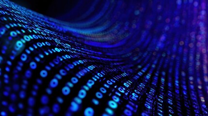 Abstract representation of flowing binary code in blue tones, creating a digital wave effect