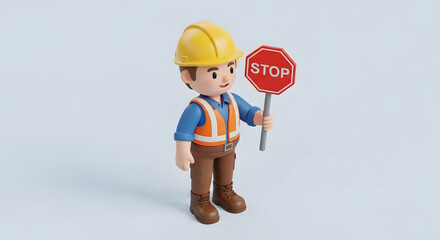 cartoon construction worker holding stop sign