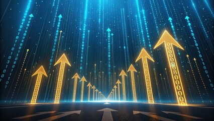 Digital Arrows Rising Through Binary Code and Glowing Light