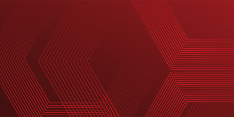 Abstract dark red gradient background and red light hexagon lines. Geometric lines design. Modern lines.