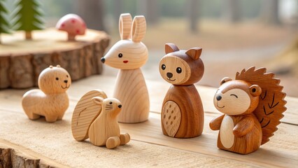 A collection of small hand carved wooden animal toys