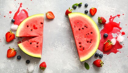 Watermelon slices, strawberries, blueberries, and ice cubes artfully arranged on a gray surface with spilled juice