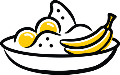 Bowl of Fruit Salad with Bananas, Melon, Berries Simple Style