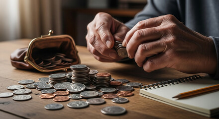 Close up of senior man counting coins on a wooden table with an open coin purse and notebook, managing finances carefully