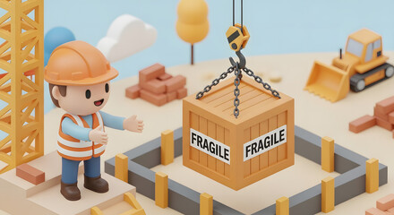 cute construction worker overseeing fragile box delivery