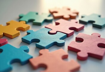 Fototapeta premium Colorful Jigsaw Puzzle Pieces Representing Mental Processes and Thought Patterns Abstract Composition