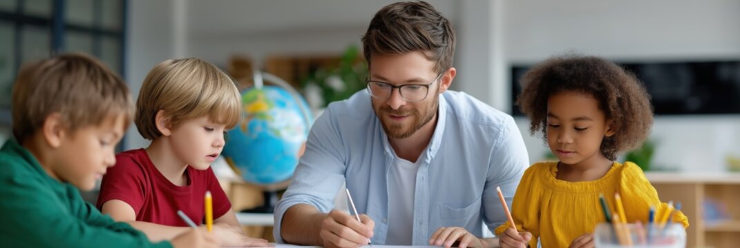 Teacher helping diverse children with drawing in classroom
