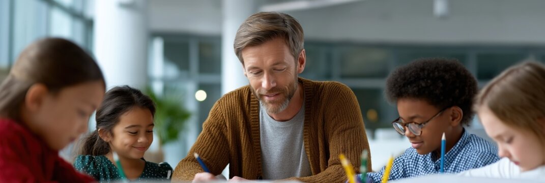 Caucasian male teacher engaging mixed race children in classroom activities