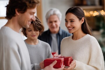 Family gift exchange: caucasian adults and child celebrating holiday season with presents