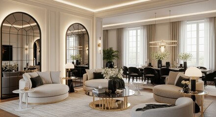 A Luxurious Living Room Interior with a Modern Classic Design - Modern Minimalism and Timeless Classical Luxury with a Palette of Cream