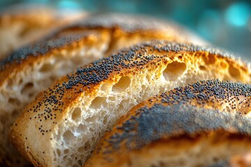 Close-up of freshly baked rustic bread slices, featuring golden poppy seed crust and airy interior crumb, ready to enjoy.