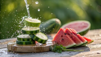 Water Droplets Pouring Over Fresh Cucumber and Watermelon Slices