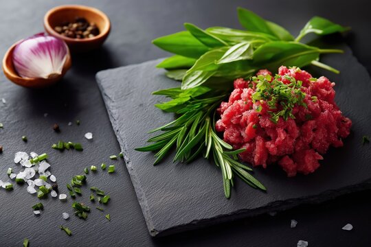Fresh ground beef with herbs and onion on slate with seasonings