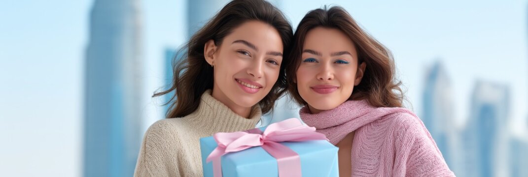 Two young caucasian women smiling with gift against urban skyline