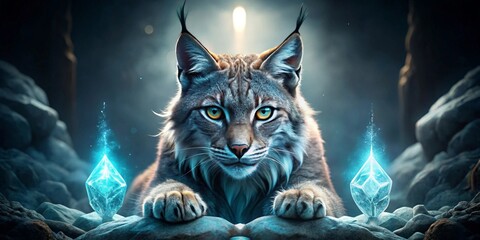 Majestic Lynx Guardian of Mystical Crystalline Power in a Dark Forest Setting