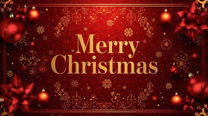 Elegant Red and Gold Christmas Greeting Card with Golden Snowflakes and Festive Ornaments