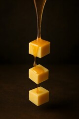 Honey Dripping from a Wooden Dipper Over Cheese Cubes