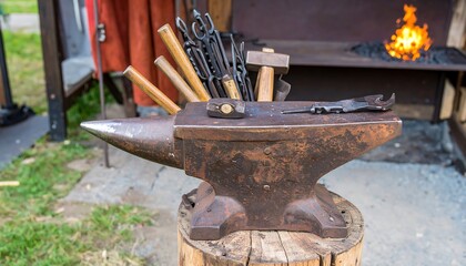 Weathered anvil with various metalworking tools, sitting on a tree stump, near a blacksmith's forge