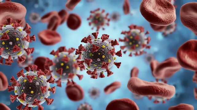 dengue virus particles in bloodstream, spherical with surface spikes
