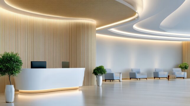 Modern reception area showcasing sleek design, warm lighting, and comfortable seating for visitors