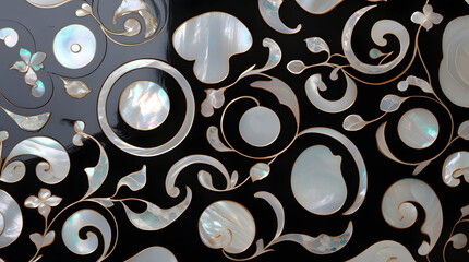 Korean mother-of-pearl patterns. Korean Lacquerware Pattern Design, featuring intricate Mother-of-Pearl Inlay on a rich black Lacquer background, crafted by traditional Korean Najeonchilgi artists