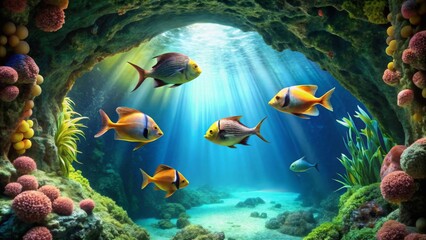 Fototapeta premium Vibrant aquatic life thrives in a sunlit underwater cavern, showcasing diverse colorful fish swimming amidst lush coral formations and vibrant marine plants.