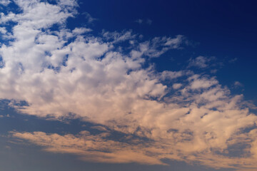 Large white textured cloud in the sky in the light of the evening sun close-up.