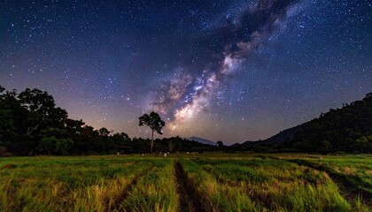 Fototapeta premium Milky Way Across Grassy Field at Night Under Starry Sky Panoramic View