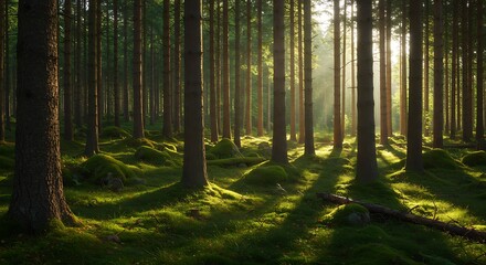 Obraz premium Sunlit forest landscape with tall trees and mossy ground
