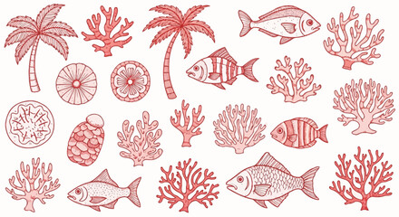 Hand-drawn coral reef with coral sea life and tropical plants on an isolated background