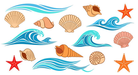 Summer beach elements collection with seashells starfish and waves illustration graphic