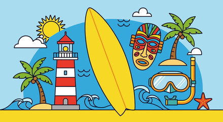Tropical Paradise Vector Illustration with Lighthouse Surfboard and Tiki Mask Summertime Fun