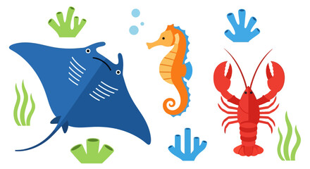 Cartoon illustration showcasing diverse marine life including stingray lobster and seahorse on