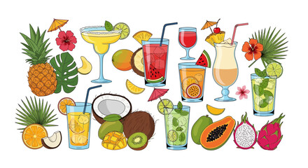 Colorful Assortment of Tropical Fruit Drinks and Exotic Fruits on a White Background