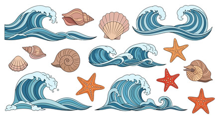 Hand-drawn collection of waves seashells and starfish for summer vacation projects design