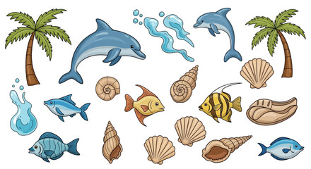 Delightful underwater world illustration featuring vibrant marine life and tropical elements for