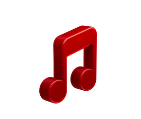 A sleek vibrant red musical note icon with smooth dual quavers and soft glow, 3D Illustration.
