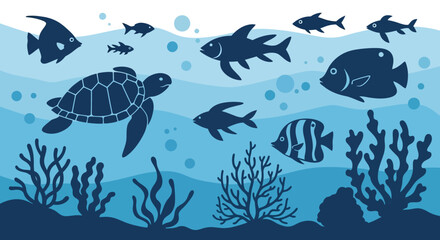 Underwater world silhouette illustration with marine life and coral reefs scene graphic design