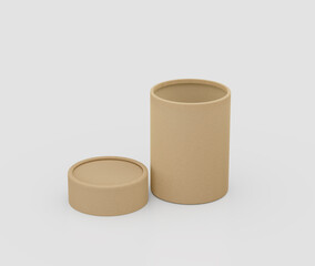 Eco-friendly brown kraft paper jar with lid, isolated for sustainable packaging. 3d illustration