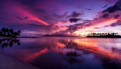 Pinkish Purple Sunrise Colors Reflecting In The Water In Fiji